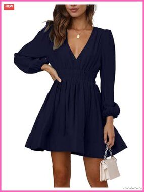 Mini Deep V Long Sleeve A-Line High Waisted Flowy Dress for Cocktail Wedding